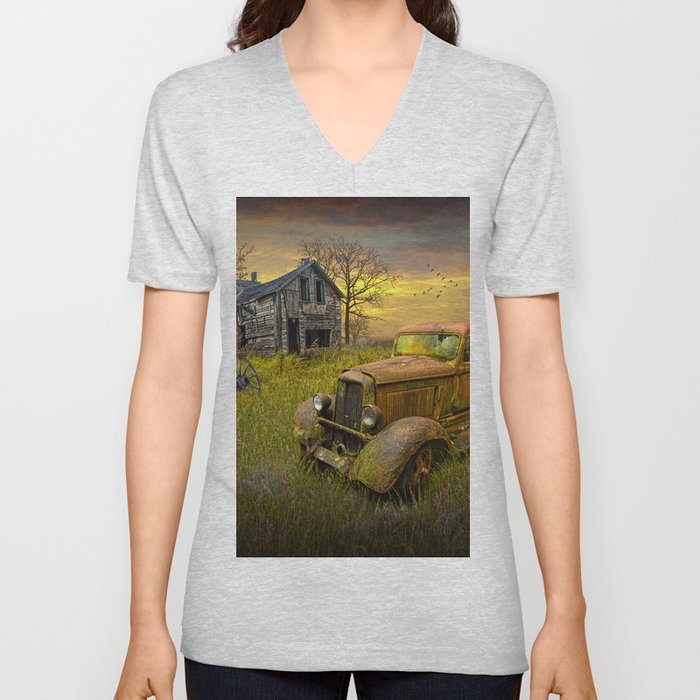Abandoned Pickup Truck and Farm House at Sunset in a Rural Landscape V Neck T Shirt