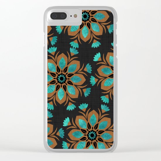 Teal & Brown Decorative Flowers Design Clear iPhone Case