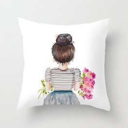 Brunette Girl with Flowers Throw Pillow