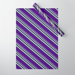 [ Thumbnail: Green and Indigo Colored Lined/Striped Pattern Wrapping Paper ]