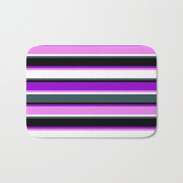 [ Thumbnail: Eye-catching Dark Violet, Violet, White, Dark Slate Gray & Black Colored Pattern of Stripes Bath Mat ]