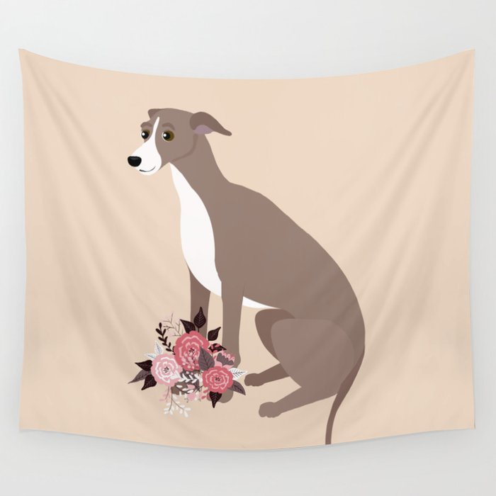 Italian Greyhound and Flowers Fawn and White Dog Beige Wall Tapestry