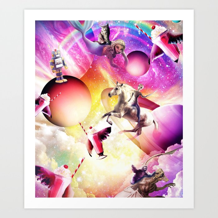 Space Rainbow Cat Mermaid Unicorn Robot Sloth & Dragon Art Print