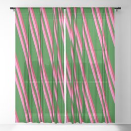 [ Thumbnail: Hot Pink, Dark Green & Crimson Colored Lines Pattern Sheer Curtain ]
