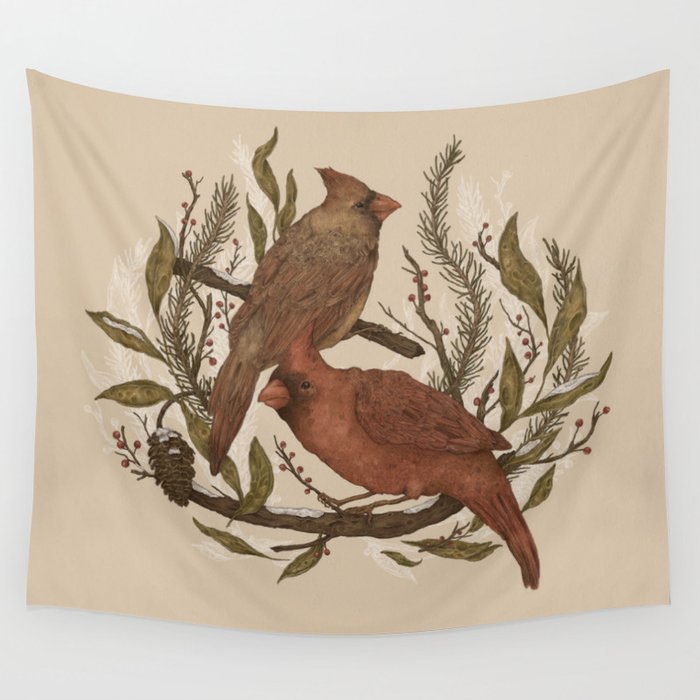 Wintery Cardinals Wall Tapestry