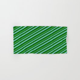 [ Thumbnail: Sky Blue, Dark Green, and Forest Green Colored Lined Pattern Hand & Bath Towel ]