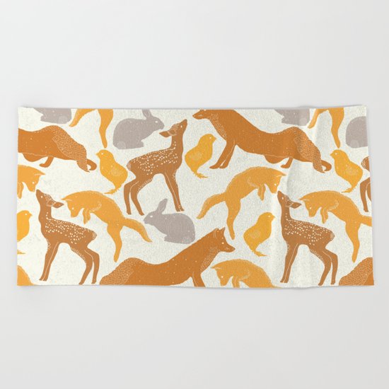 Deer Fox Rabbit Chick Playing Beach Towel