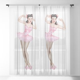 Sexy Brunette Dancer Pin Up With Pink Dress Sheer Curtain