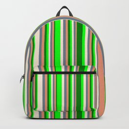 [ Thumbnail: Eyecatching Lime, Green, Dark Salmon, Slate Gray & Beige Colored Striped/Lined Pattern Backpack ]