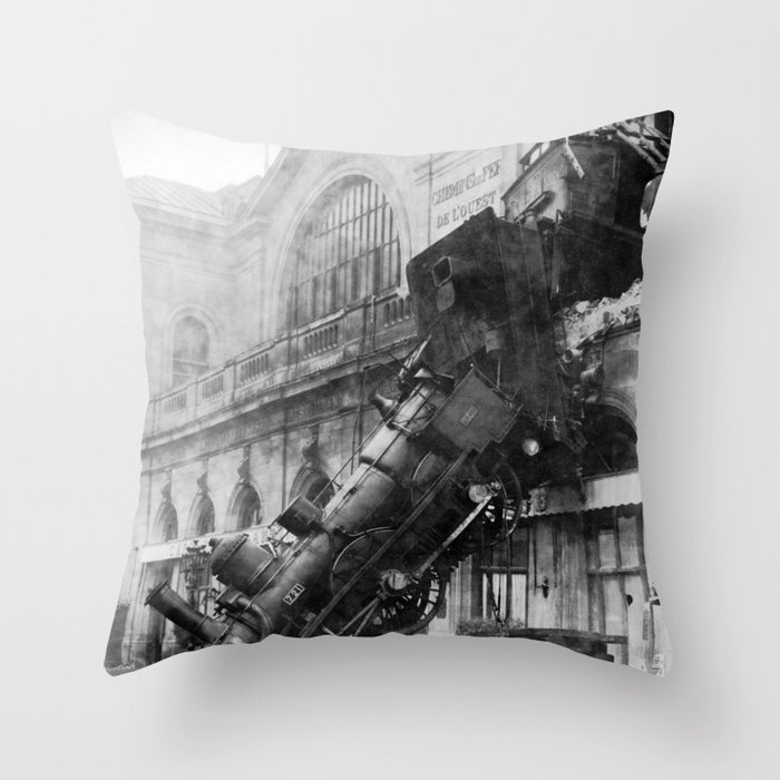 Train Wreck out a French Station Black and White Photographic Art Print Throw Pillow