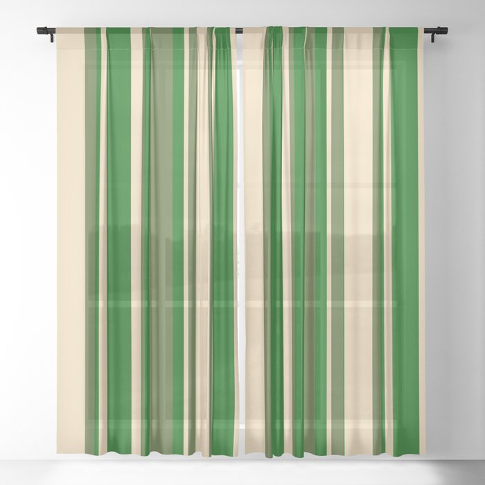 Dark Olive Green, Tan, and Dark Green Colored Lined/Striped Pattern Sheer Curtain