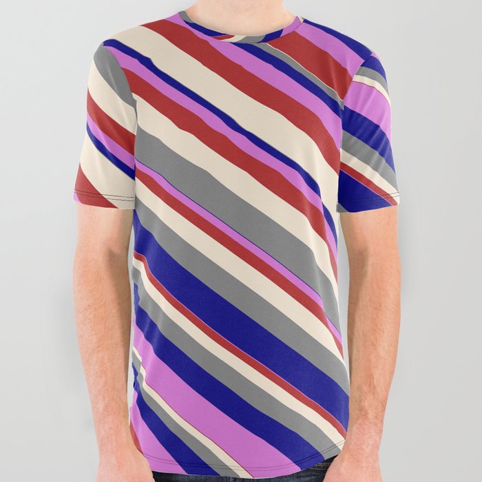 Vibrant Orchid, Red, Beige, Grey, and Blue Colored Lines/Stripes Pattern All Over Graphic Tee