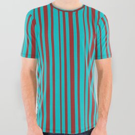 [ Thumbnail: Dark Turquoise and Brown Colored Pattern of Stripes All Over Graphic Tee ]