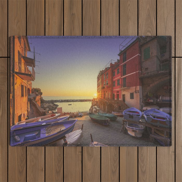 Riomaggiore, boats in the street at sunset. Cinque Terre, Italy. Outdoor Rug