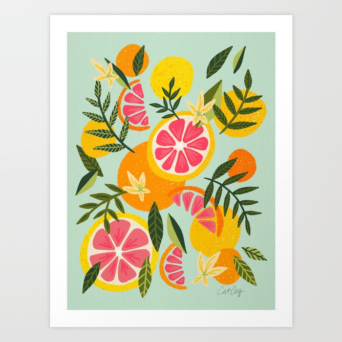 Grapefruit Blooms – Mint Palette Art Print
