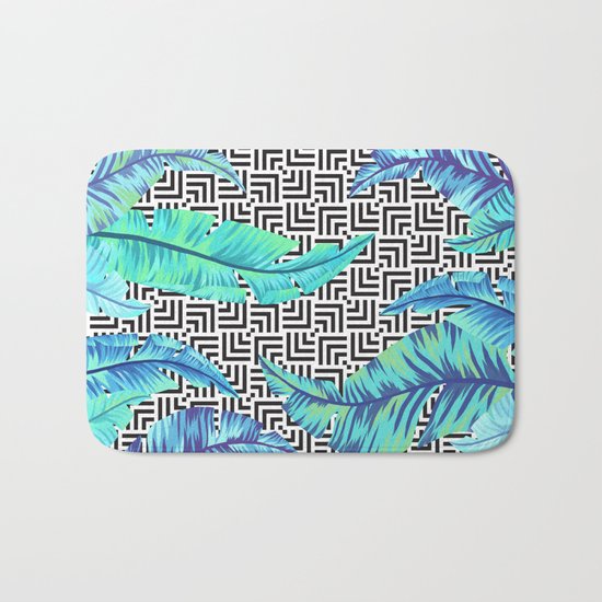 turquoise tropical leaves Bath Mat