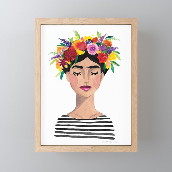 Floral Frida - Black & White Framed Mini Art Print
