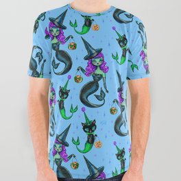 Mermaid Witch with Merkitten All Over Graphic Tee