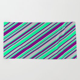 [ Thumbnail: Purple, Grey, and Green Colored Lines Pattern Beach Towel ]