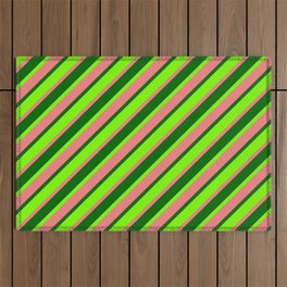 [ Thumbnail: Dark Green, Green & Light Coral Colored Striped Pattern Outdoor Rug ]