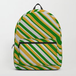 [ Thumbnail: Green, Light Gray, and Goldenrod Colored Striped Pattern Backpack ]