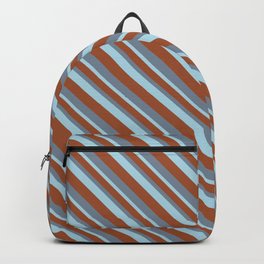 [ Thumbnail: Sienna, Light Slate Gray & Light Blue Colored Lines/Stripes Pattern Backpack ]