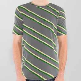 [ Thumbnail: Dim Grey, Beige & Dark Green Colored Striped/Lined Pattern All Over Graphic Tee ]