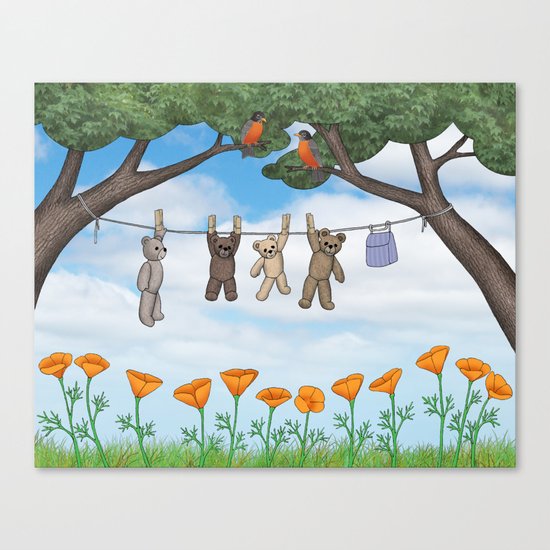 robins, poppies, & teddy bears on the line Canvas Print