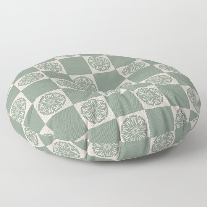 Sage Green Vintage Floral Mandela Check Floor Pillow