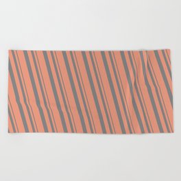 [ Thumbnail: Gray and Dark Salmon Colored Lined Pattern Beach Towel ]