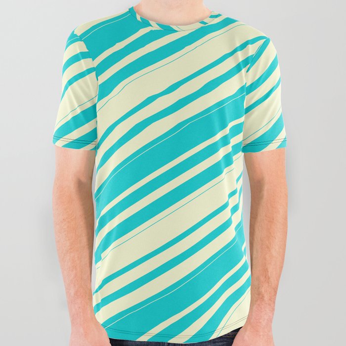 Dark Turquoise & Light Yellow Colored Lines/Stripes Pattern All Over Graphic Tee