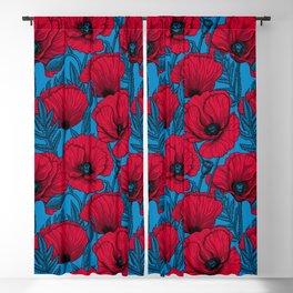 Red poppy garden on blue Blackout Curtain