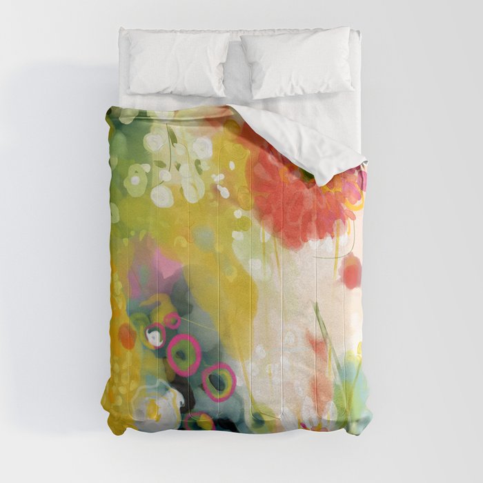 abstract floral art in yellow green and rose magenta colors Comforter
