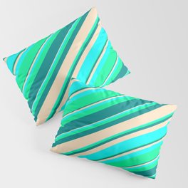 [ Thumbnail: Green, Dark Cyan, Bisque, and Aqua Colored Pattern of Stripes Pillow Sham ]