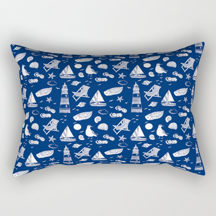 Blue And White Summer Beach Elements Pattern Rectangular Pillow