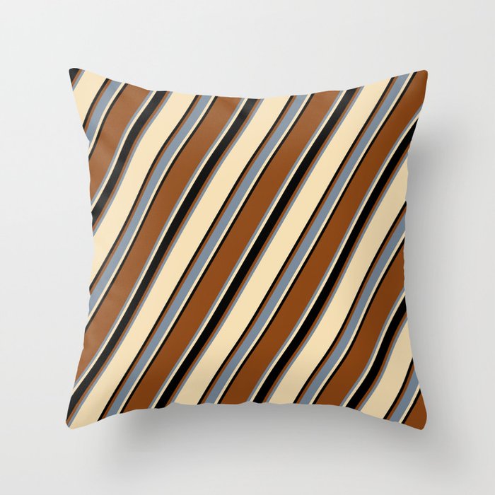 Brown, Light Slate Gray, Tan, and Black Colored Lined/Striped Pattern Throw Pillow