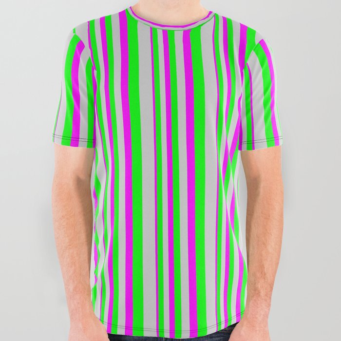 Fuchsia, Lime, and Light Grey Colored Lined/Striped Pattern All Over Graphic Tee