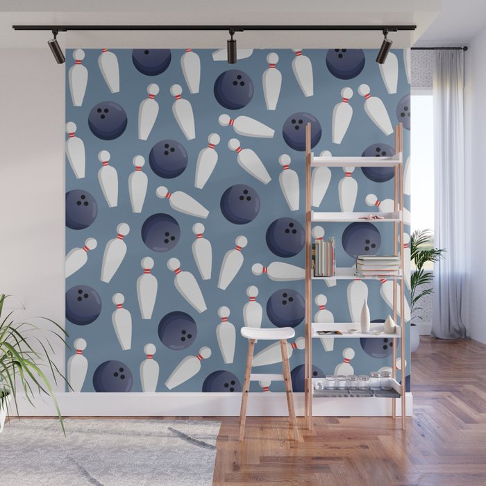 Cute Bowling Pins Light Blue Bowler Print Pattern Wall Mural