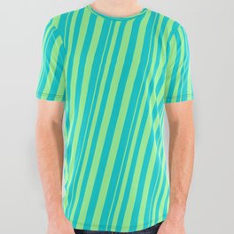 [ Thumbnail: Green & Dark Turquoise Colored Stripes Pattern All Over Graphic Tee ]