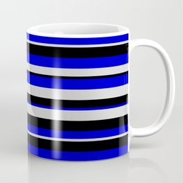 [ Thumbnail: Blue, Light Gray & Black Colored Striped Pattern Coffee Mug ]