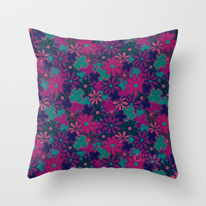 Daisy Patch with Teal, Pink and Navy Throw Pillow