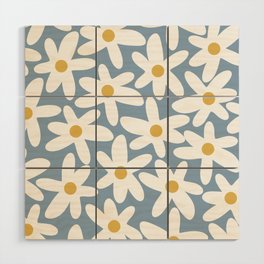 Daisy Time Retro Floral Pattern in Light Blue, White, and Mustard Wood Wall Art