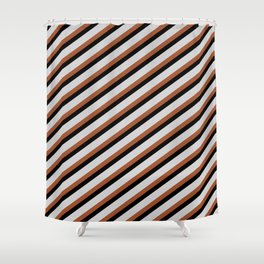 [ Thumbnail: Light Grey, Sienna, and Black Colored Striped/Lined Pattern Shower Curtain ]