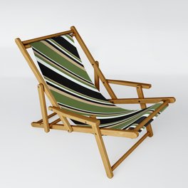[ Thumbnail: Tan, Dark Olive Green, Mint Cream & Black Colored Stripes Pattern Sling Chair ]