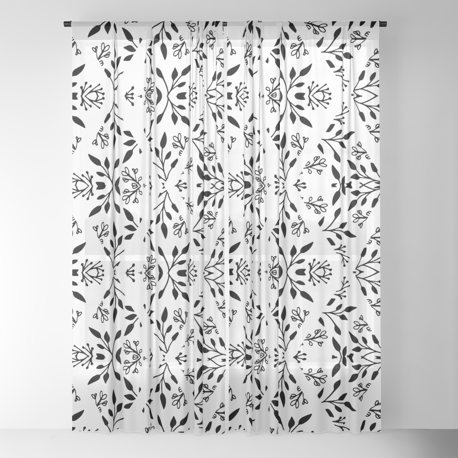 Abstract Geometrical Black White Floral Pattern Sheer Curtain By