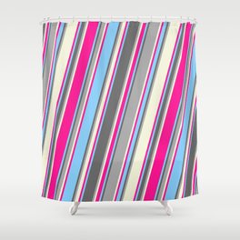 [ Thumbnail: Colorful Light Sky Blue, Dim Grey, Dark Grey, Beige, and Deep Pink Colored Pattern of Stripes Shower Curtain ]