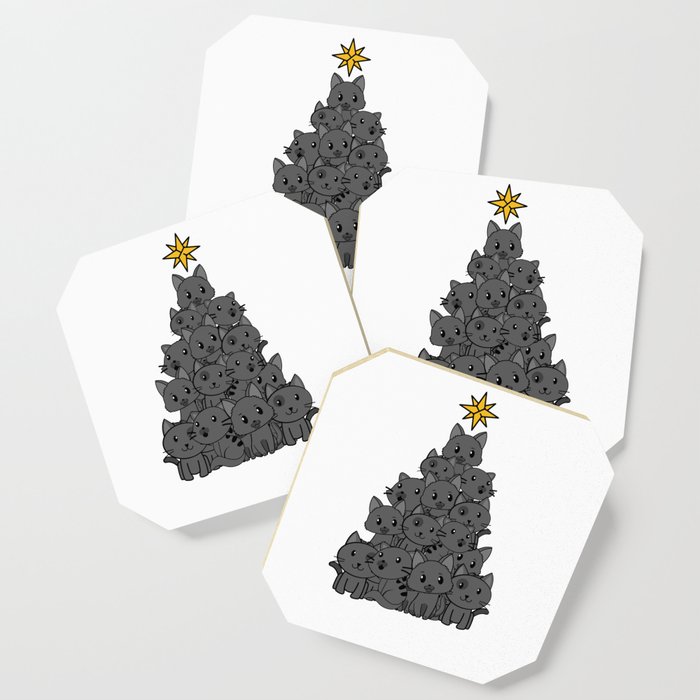 Meowy Christmas Tree Cute Black Cat Kittens Meow Coaster By