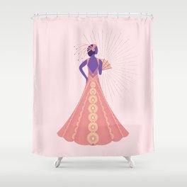 Art Deco sunset peacock dress Shower Curtain