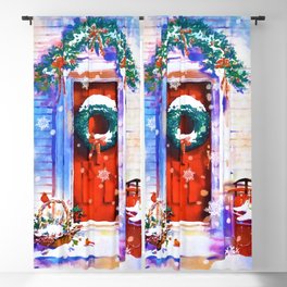 Vintage Christmas Winter Red Home Door Watercolor Blackout Curtain
