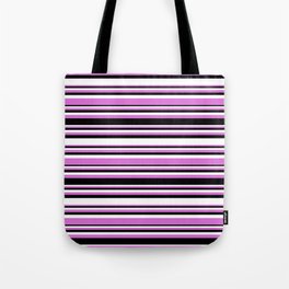 [ Thumbnail: Orchid, Black, and White Colored Striped/Lined Pattern Tote Bag ]